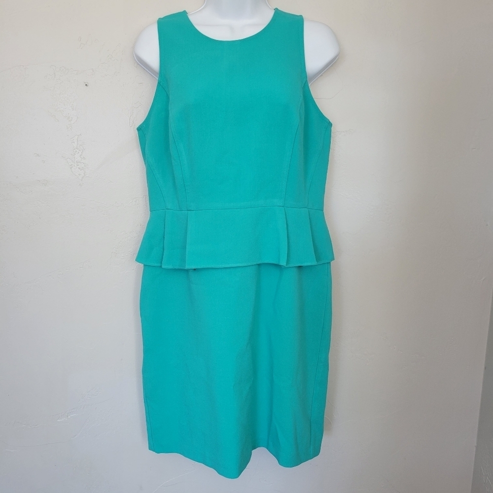 Loft Women's 10P 10 Petite Mint Blue Sleeveless Dress Peplum Ruffle Business